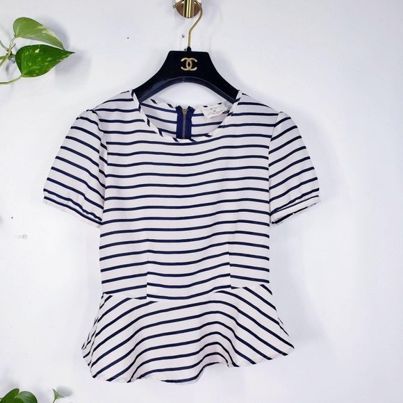 ANTHRO X PINS & NEEDLES Women's Cream Navy Blue Stripe Peplum Top XS Round Neck - Picture 3 of 14